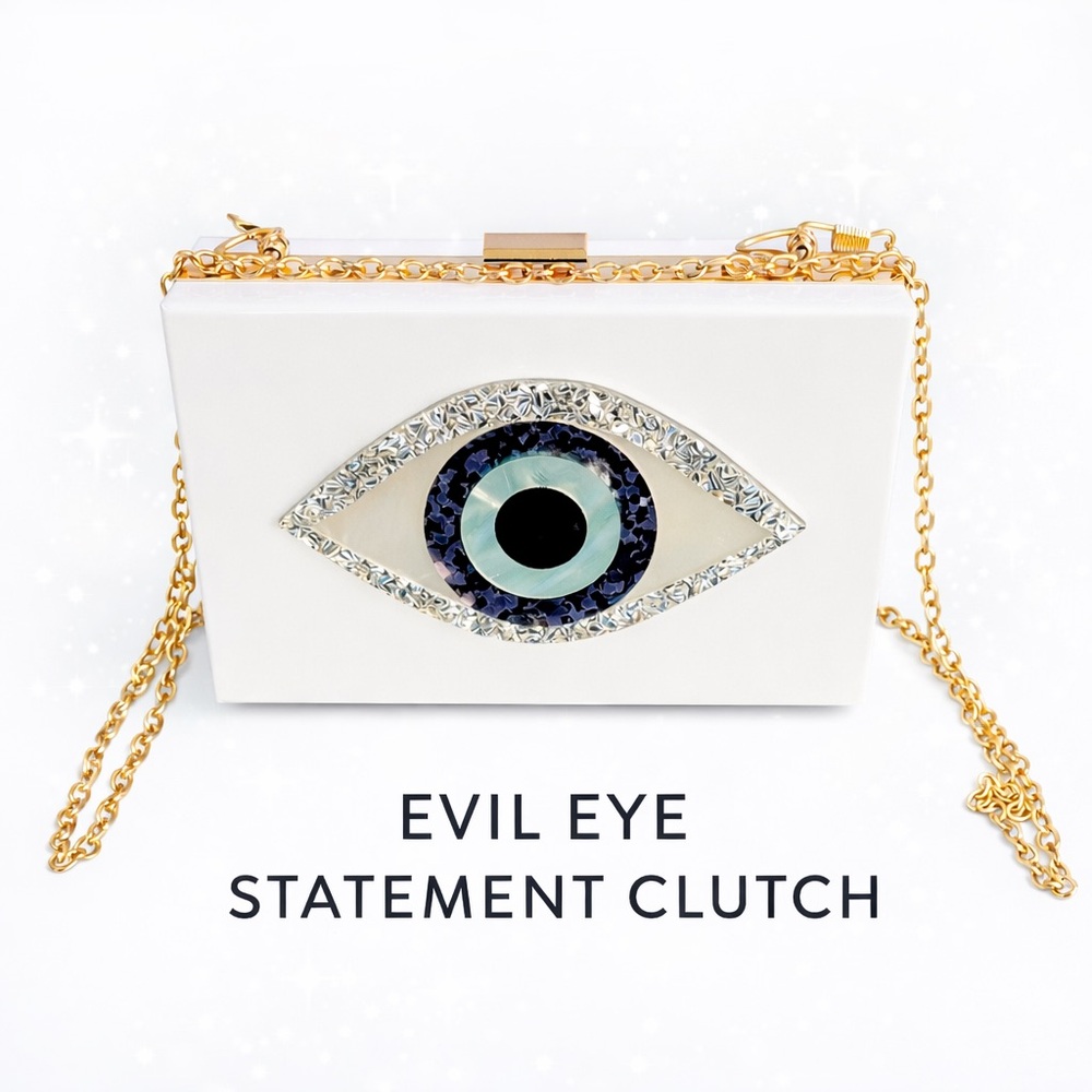 Evil Eye Acrylic Box Clutch White Gold Rhinestone Crossbody Evening Bag NWOT